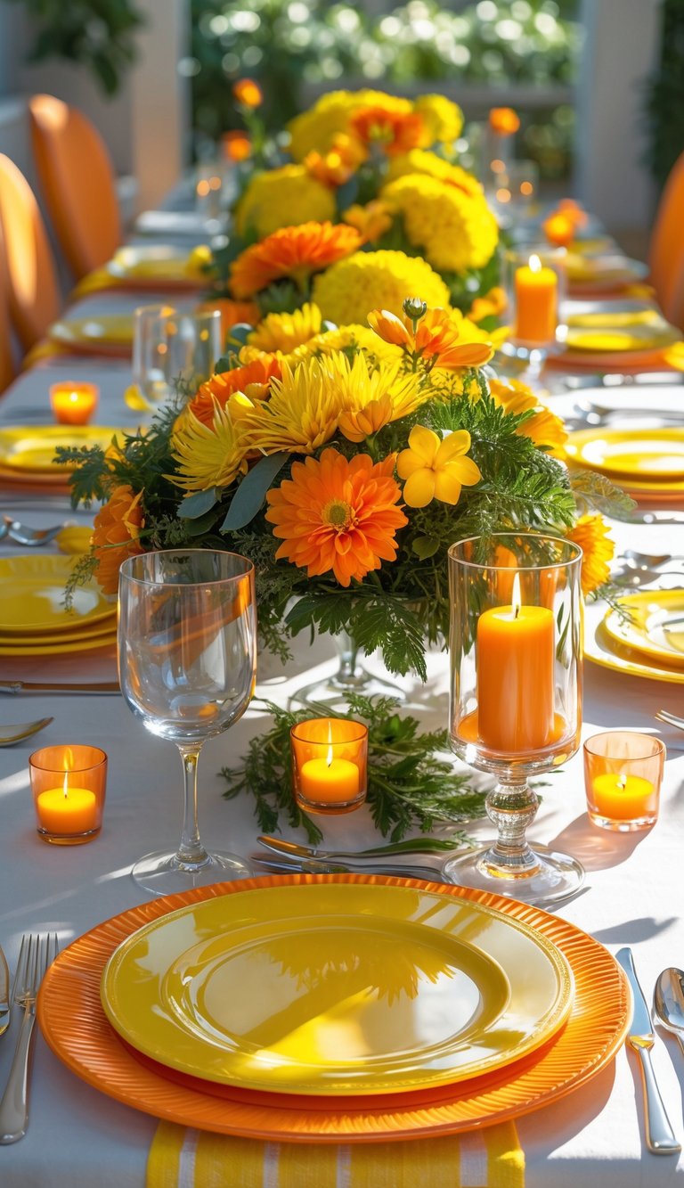 A beautifully set dining table with a centerpiece of yellow and orange flowers, surrounded by orange candles and neatly arranged yellow and orange plates. The table is elegantly decorated with glassware and cutlery, creating a warm and inviting ambiance.