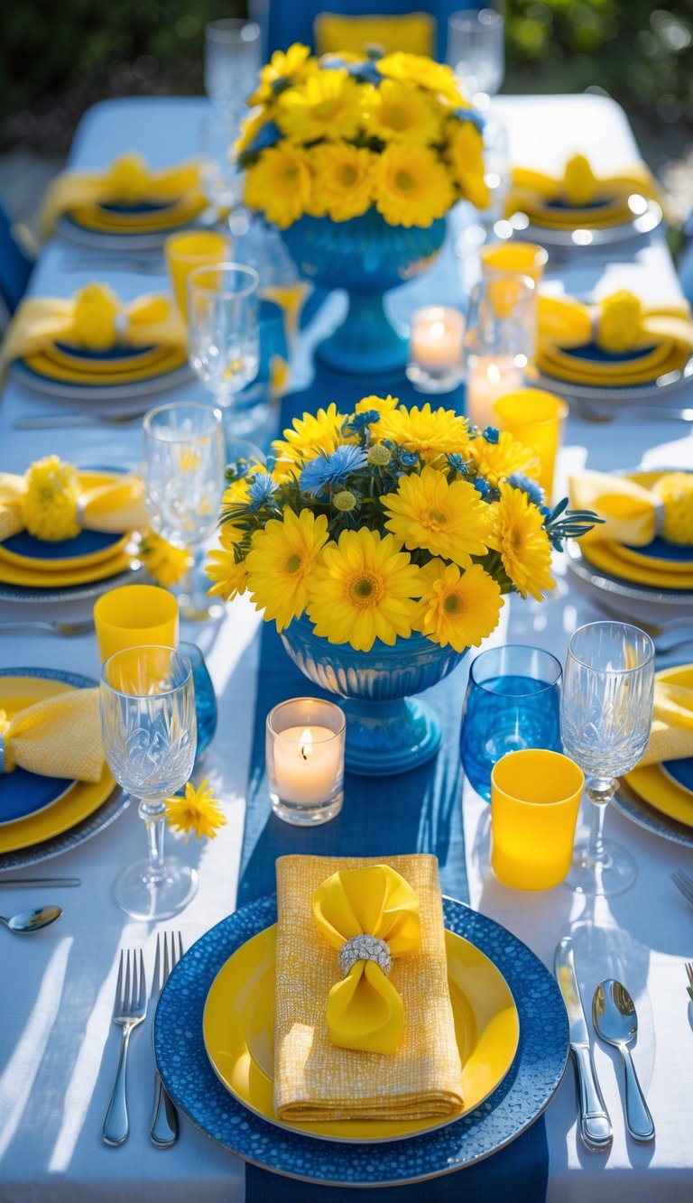 A table elegantly set with blue and yellow decorations, featuring yellow flowers in a blue vase as the centerpiece. Each place setting includes blue and yellow plates, silverware, and a yellow napkin with a decorative napkin ring. Glassware and candles complete the arrangement, all on a white tablecloth with a blue runner.