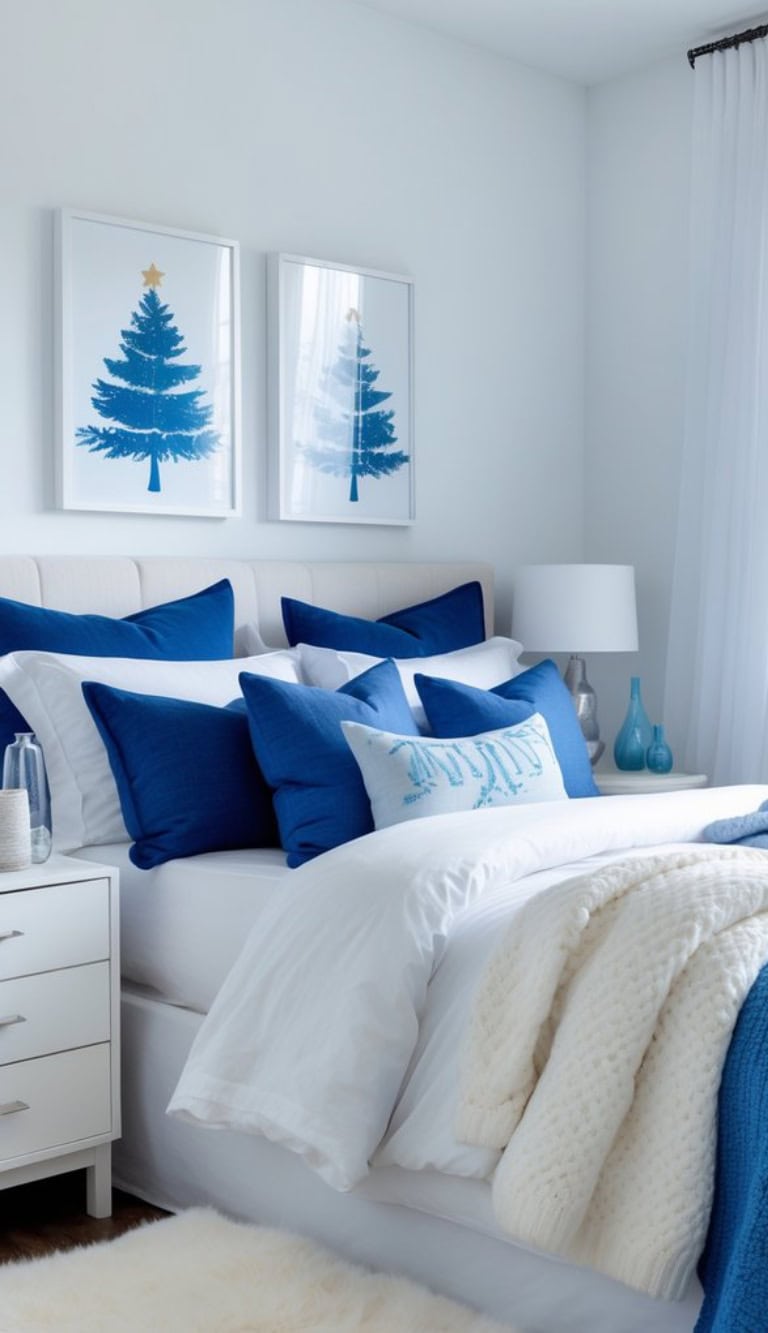 A cozy bedroom with a white and blue color scheme featuring a bed adorned with dark blue and white pillows, a white knit blanket, and two framed images of blue Christmas trees on the wall above the bed. A small white nightstand and a lamp with various blue glass vases are next to the bed.