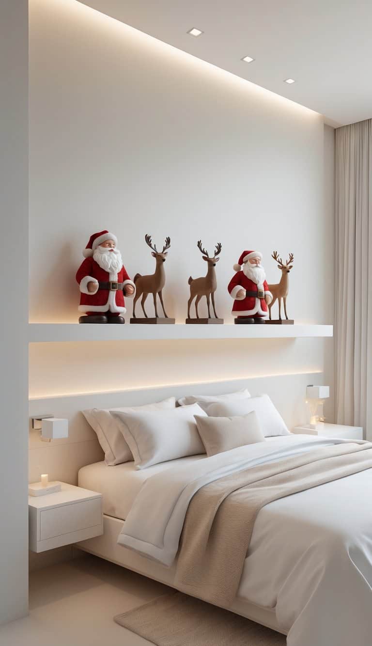 A modern bedroom with a minimalist design features a white bed with beige linens. Above the bed, a shelf holds festive decorations, including two Santa figurines and four reindeer, accentuated by soft ambient lighting.