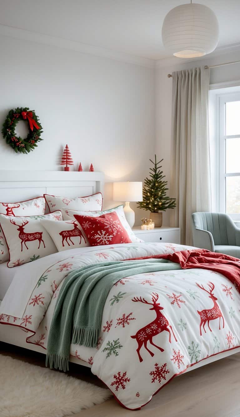 A cozy bedroom decorated for Christmas, featuring a bed with red and white bedding adorned with reindeer and snowflake patterns. The room includes a Christmas wreath on the wall, a small lit Christmas tree on the nightstand, and a red throw at the end of the bed. A paper lantern light hangs from the ceiling, and the room has a bright window with curtains.