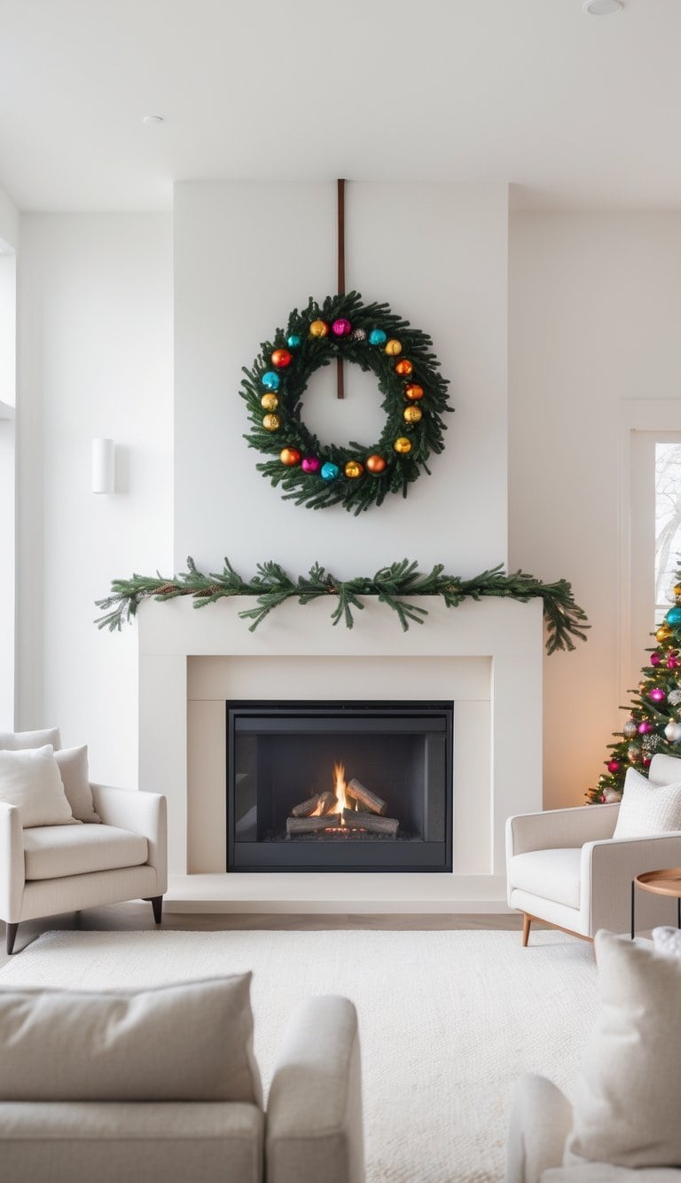 A cozy living room features a lit fireplace, adorned with a garland above it and a wreath decorated with colorful ornaments hanging above. Flanking the fireplace are two white armchairs, and a Christmas tree with ornaments is partially visible in the background.