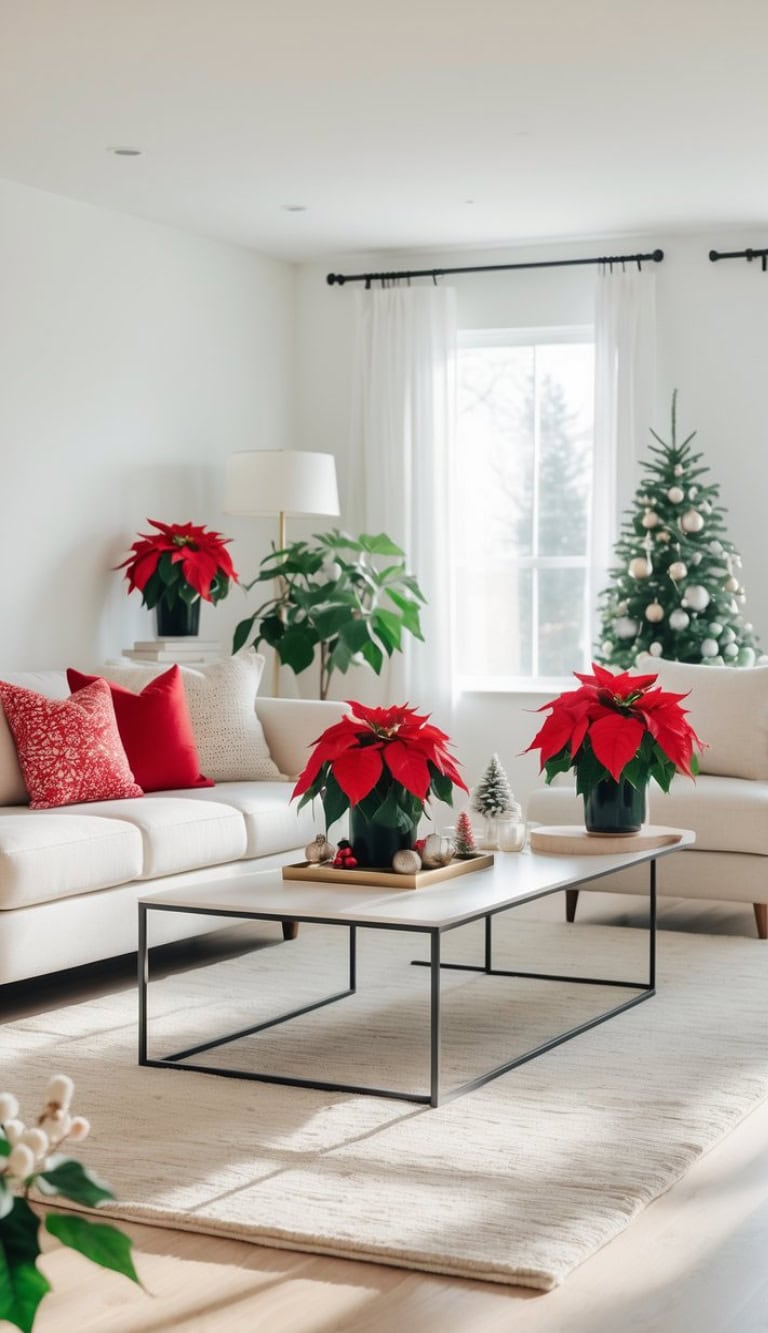 A cozy living room decorated for the holidays with red poinsettia plants on the coffee table and side tables, a white sofa with red and white patterned pillows, and a Christmas tree by the window adorned with white baubles. The room is brightly lit with natural light coming through the window, and the decor is minimalistic with neutral colors and festive touches.