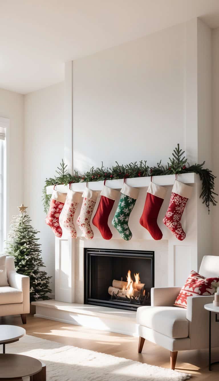 A cozy living room with a fireplace decorated for Christmas, featuring seven stockings in red and white patterns hanging from the mantel, which is adorned with greenery. A small Christmas tree with a star on top is positioned to the left, and a fire burns warmly in the fireplace. The room is furnished with a beige armchair and a wooden coffee table, creating a warm holiday atmosphere.