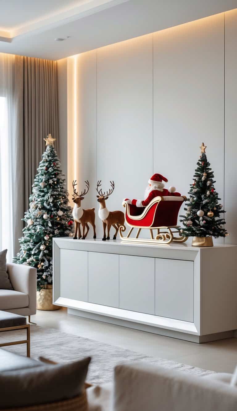 A festive living room display featuring a red and gold Santa sleigh with two reindeer figures on a modern white cabinet, flanked by two decorated Christmas trees with lights and ornaments.