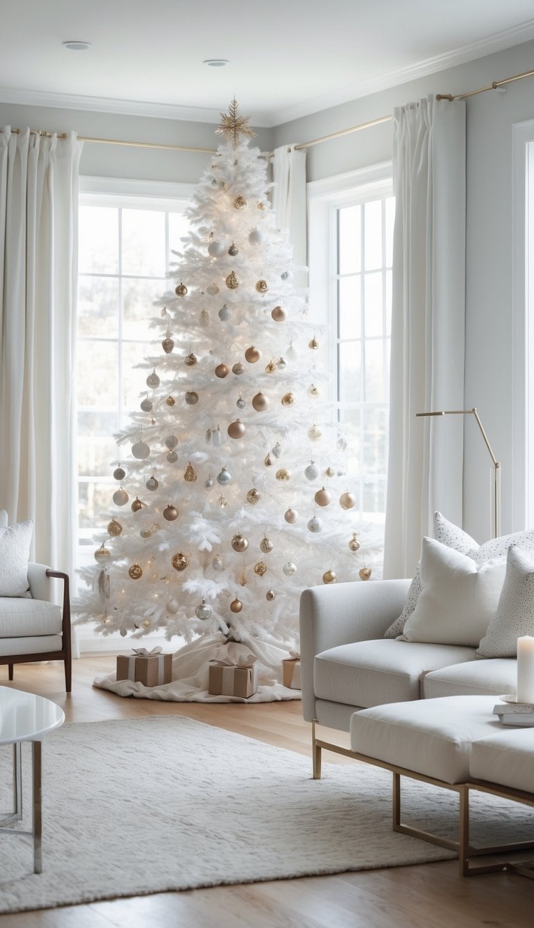 A living room with a large white Christmas tree decorated with gold and silver ornaments, surrounded by wrapped gifts at its base. The room features white curtains, a light-colored sofa, and a plush rug, creating a serene and elegant holiday atmosphere.