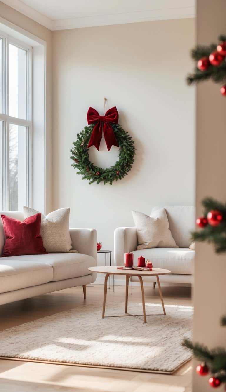 A bright, cozy living room decorated for the holidays with a green wreath and large red bow on the wall. The room features beige sofas with red and beige pillows, a light wooden coffee table with red candles, and a neutral rug. A window lets in natural light, and there are festive red baubles on a nearby surface.