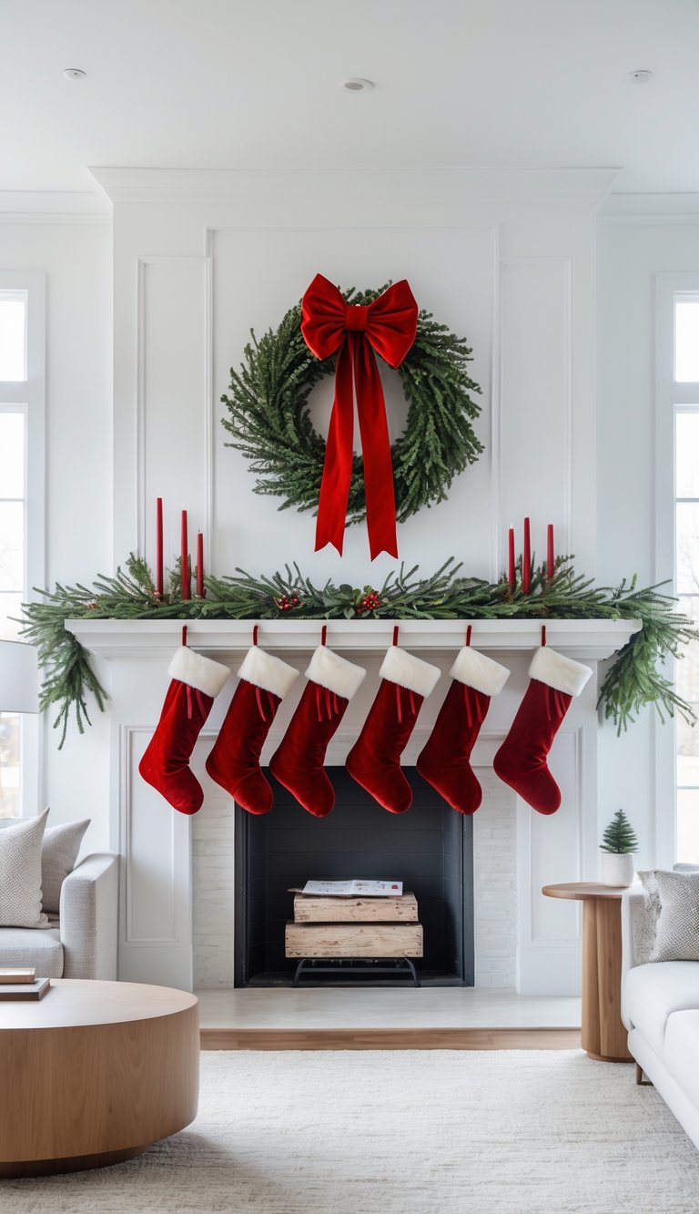 A festive living room decorated for Christmas with a large green wreath and red bow above a fireplace. The mantel is adorned with greenery, red candles, and five red stockings hanging below. A stack of firewood is placed inside the fireplace, and there's comfortable seating on either side of the room.