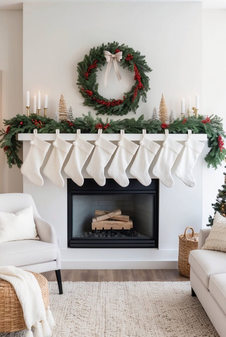 A festive living room with a mantel decorated for the holidays, featuring a green wreath with red berries and a bow, a garland, seven white stockings hanging, candles, and decorative trees above a fireplace.