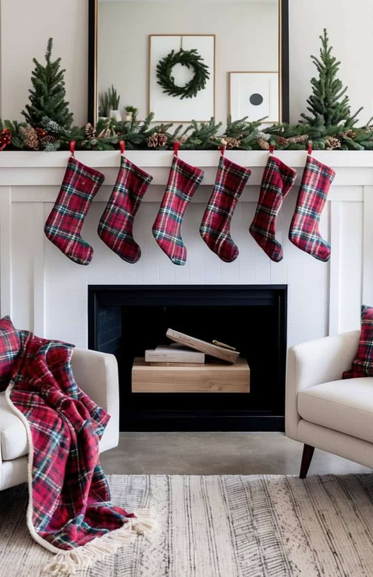 A cozy living room features a fireplace decorated with evergreen garlands, a row of plaid Christmas stockings, and small Christmas trees. Two comfortable chairs with plaid cushions flank the fireplace, and a matching plaid blanket is draped over one chair.