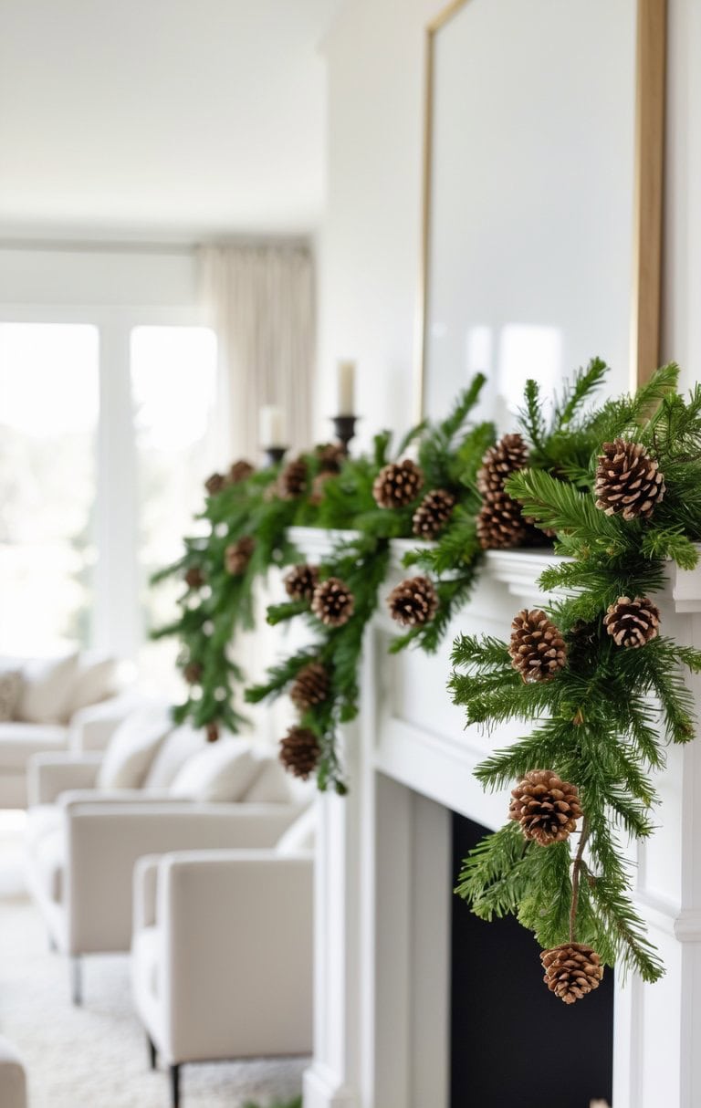 A bright living room featuring a white mantel decorated with a garland of pine branches and pine cones. The room includes cream-colored chairs and large windows allowing natural light to fill the space.