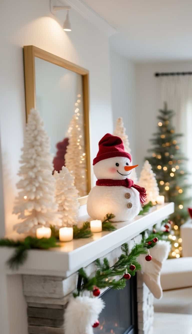 A festive mantel decorated for Christmas with a snowman figurine wearing a red hat and scarf, surrounded by white decorative trees, candles, and green garland with red baubles, and a Christmas tree in the background.