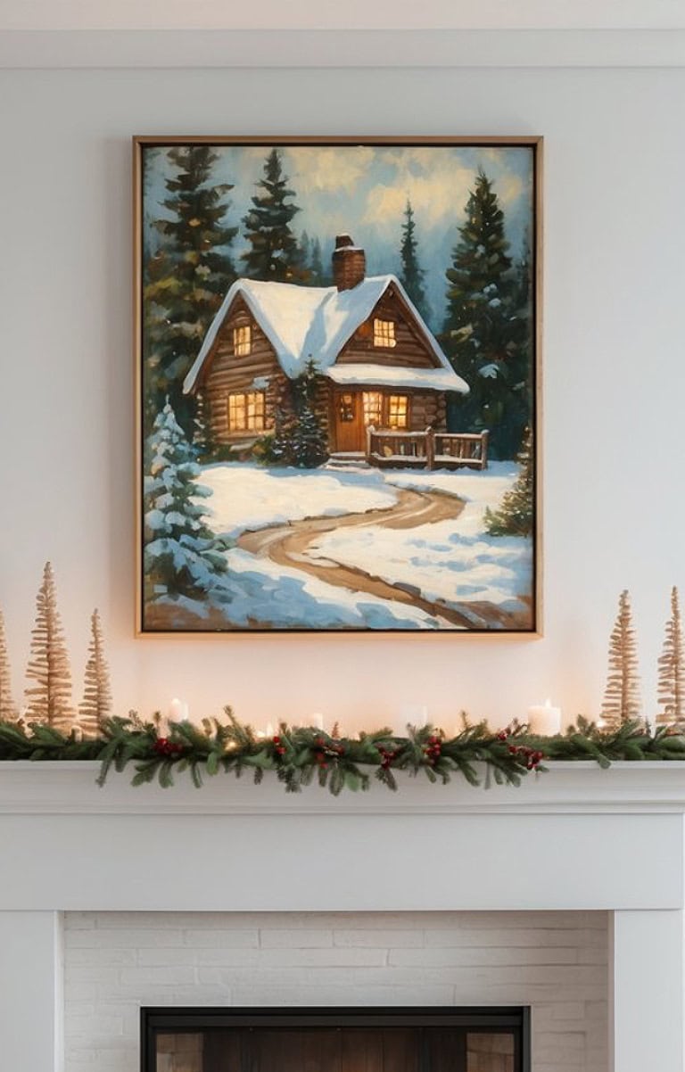 A painting of a cozy log cabin in a snowy forest, hung above a fireplace adorned with festive garland and candles.