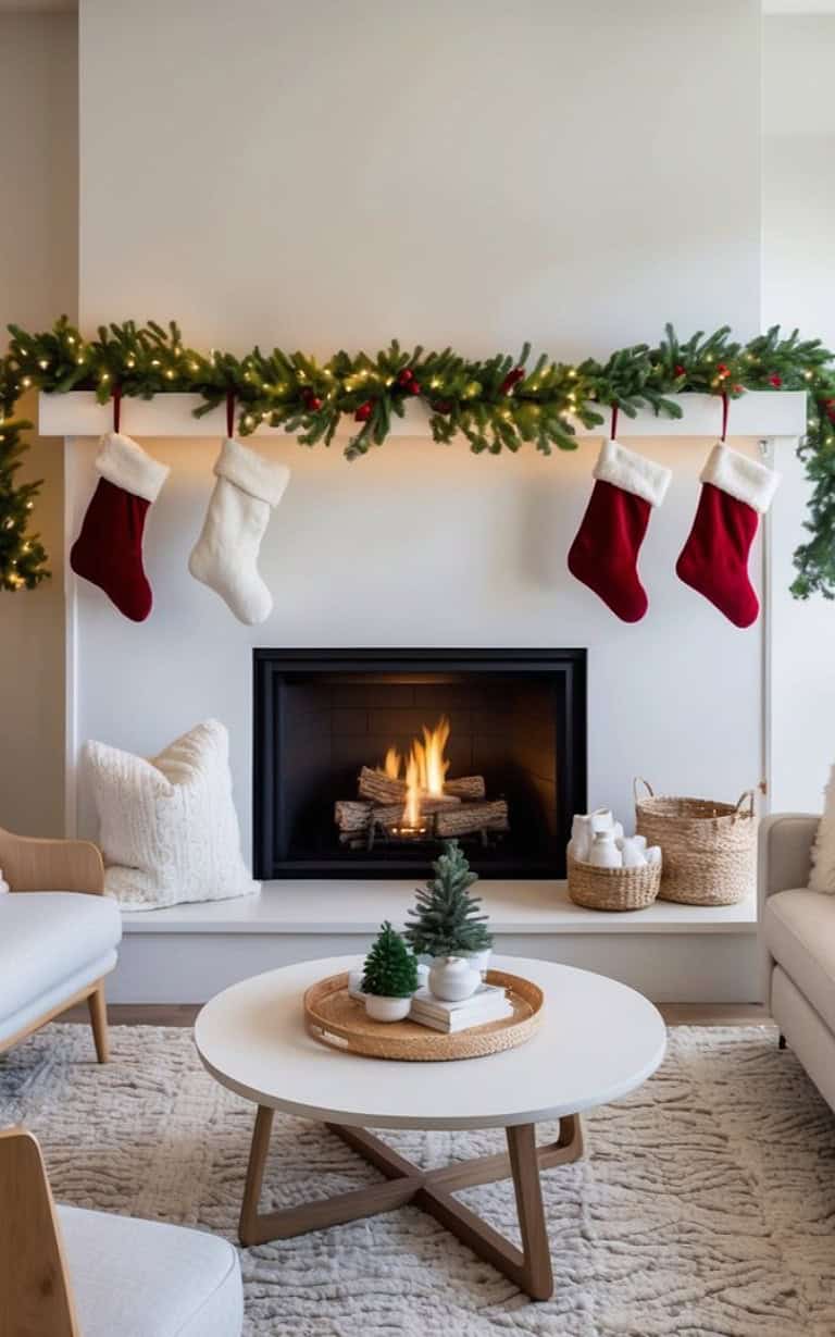 A cozy living room with a lit fireplace, adorned with a garland of greenery and four hanging Christmas stockings above it. In front of the fireplace is a round coffee table with a tray holding small potted plants, surrounded by a plush rug and a comfortable white armchair and sofa.
