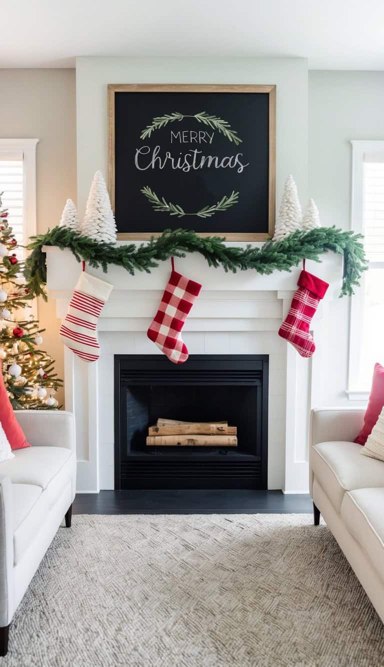 A cozy Christmas-themed living room with a decorated fireplace, featuring a "Merry Christmas" sign, white mini Christmas trees, garland, and three red and white stockings hanging from the mantel. A decorated Christmas tree with white and red ornaments is visible to the left.