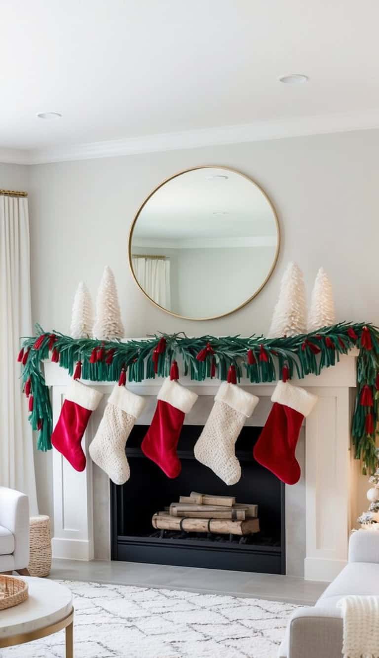 A cozy living room with a fireplace adorned with green and red garland and four hanging Christmas stockings, two red and two cream-colored. Above the mantel are white decorative trees and a large round mirror. Firewood is stacked inside the fireplace.