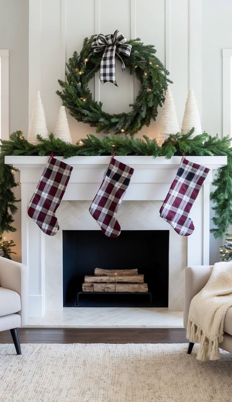 A fireplace decorated for Christmas with a large wreath adorned with a black and white plaid ribbon above it, three plaid stockings hanging from the mantel, and greenery along with conical white decorations on top. Logs are neatly stacked inside the fireplace, and chairs are placed on either side of the cozy setting.