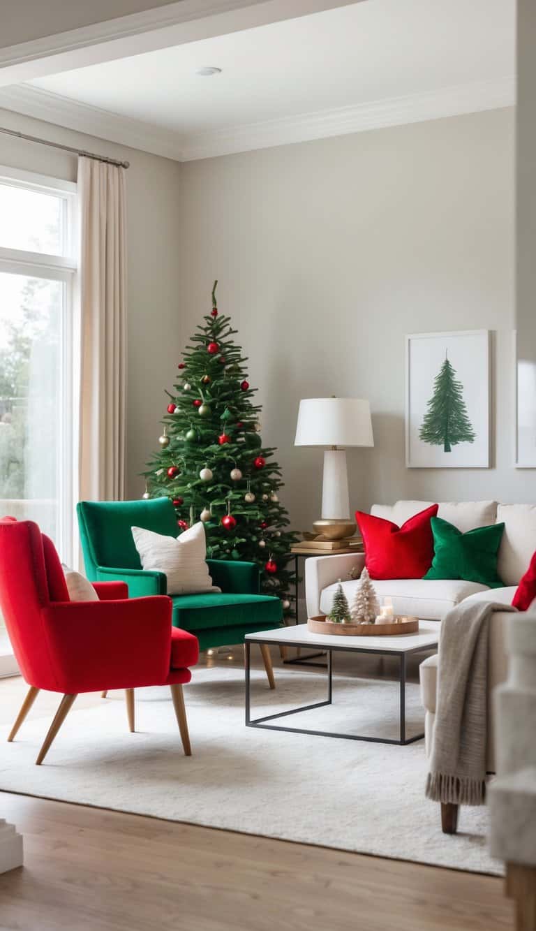A cozy living room decorated for Christmas with a tall, ornamented tree in the corner. The room features red and green accent chairs, a beige sofa with red and green pillows, a white lamp, and minimalistic Christmas tree wall art. A central coffee table holds small decorative Christmas trees and candles, completing the holiday ambiance.