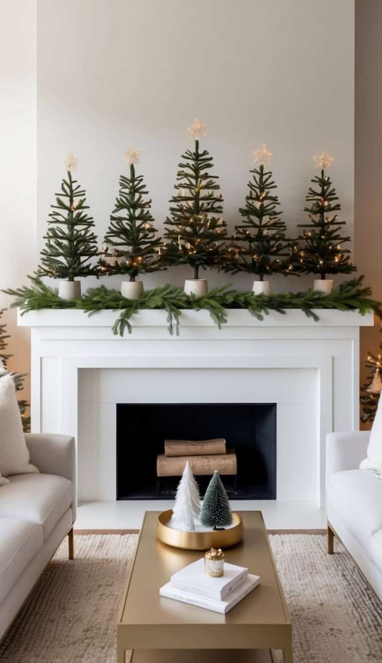 A modern living room with a white fireplace decorated with small artificial Christmas trees topped with star lights. A garland of green branches drapes across the mantle. A beige coffee table in the foreground holds a golden tray with miniature trees, a stack of books, and a small candle.