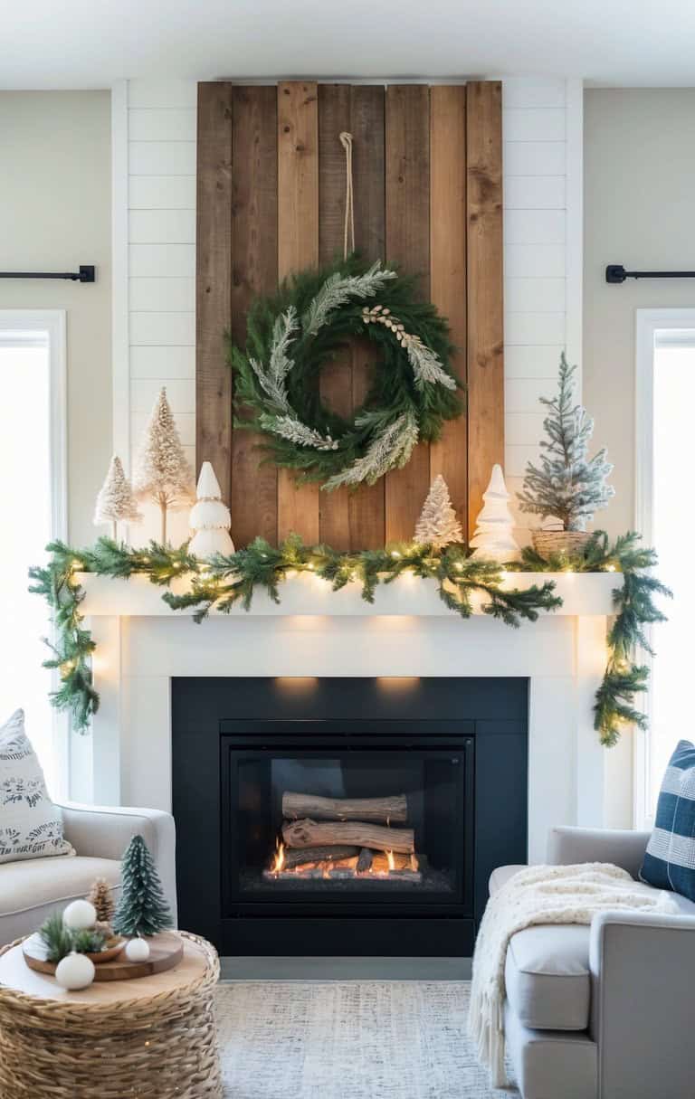 A cozy living room with a modern fireplace adorned with a garland, small decorative trees, and a large wreath above on wood paneling. Two armchairs flank the fireplace, each with a decorative pillow, and a woven coffee table with Christmas decorations is in the foreground.