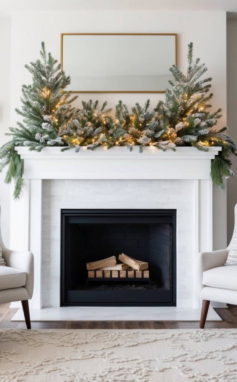 A modern living room with a white fireplace decorated with snow-covered pine branches and string lights. Above the fireplace, there is a large rectangular mirror with a gold frame. Two light gray armchairs flank the fireplace, and a beige patterned rug lies on the wooden floor.