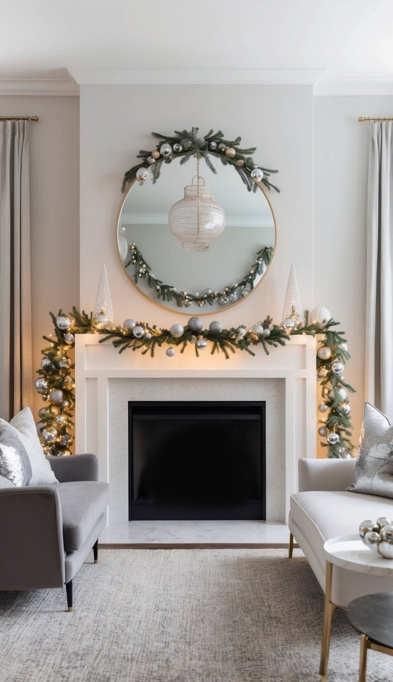 A living room with a modern fireplace decorated with a garland of greenery and silver ornaments, a round mirror above it reflecting a hanging lamp, and two cone-shaped trees on the mantel. The space is furnished with gray sofas and light curtains.