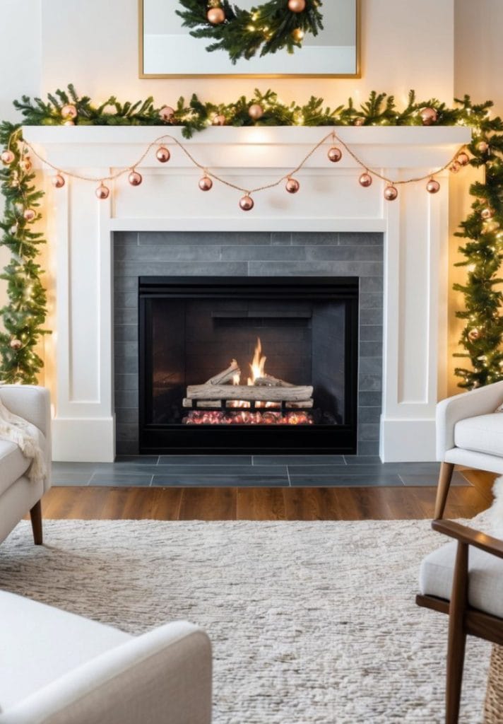 A cozy living room with a lit fireplace, decorated for the holidays with garlands and glowing string lights on the mantel, featuring a green wreath above and soft chairs around a textured rug.