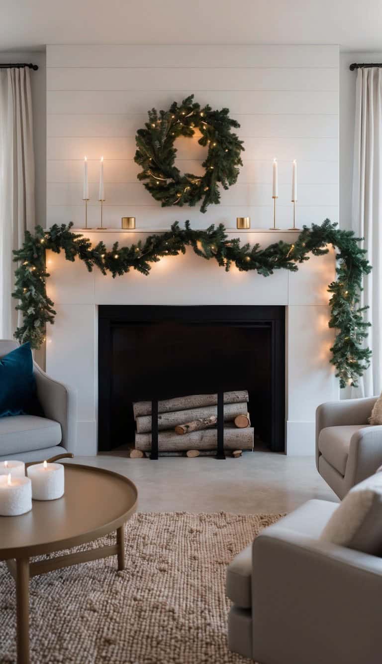 A cozy living room with a decorated fireplace, featuring a wreath and garland adorned with lights, flanked by four candles on the mantel. The fireplace contains stacked logs, and the space is furnished with a round table, a plush rug, and comfortable seating.