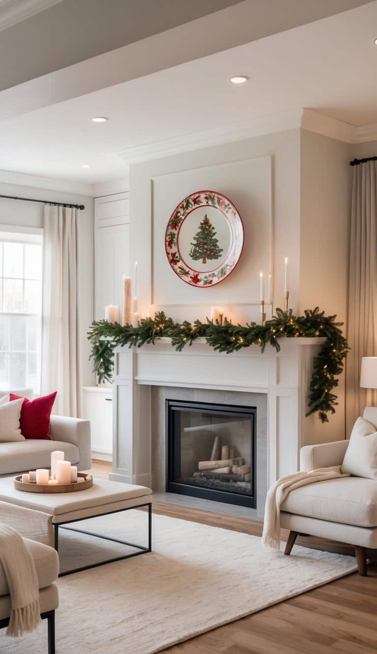 A cozy living room with a decorated white fireplace, featuring a Christmas-themed plate above the mantel. The mantel is adorned with lush greenery, candles, and fairy lights. A coffee table with candles is in the foreground next to a white sofa with a red cushion.