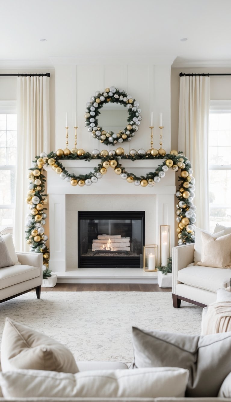 A festive living room with a fireplace, decorated with a garland of gold and silver baubles and a matching wreath above the mantel. There are gold candlesticks on the mantel, and the room is furnished with cream sofas and sheer curtains, creating a cozy atmosphere.