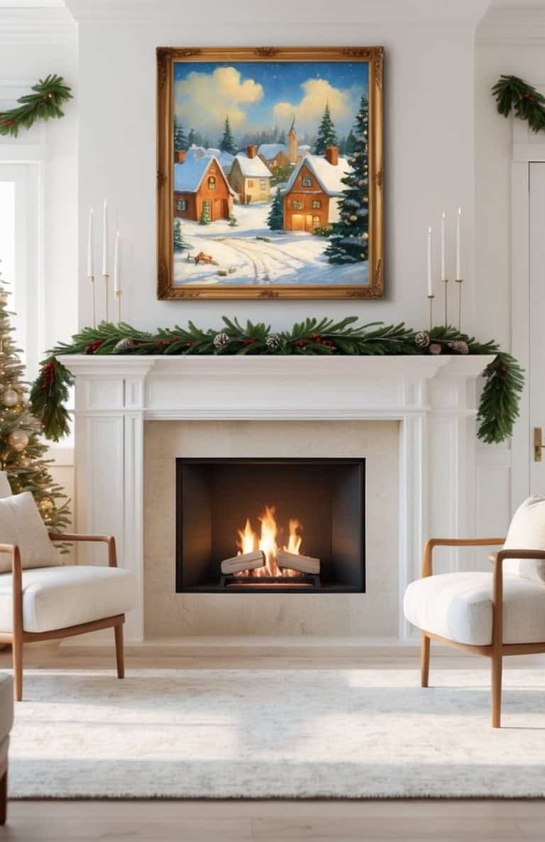 A cozy living room scene with a lit fireplace set in a white mantel, adorned with green garlands and candles. Above the mantel hangs a framed painting depicting a winter village scene with snow-covered houses and evergreen trees. Two armchairs are positioned on either side of the fireplace, and a decorated Christmas tree is visible on the left side of the room.