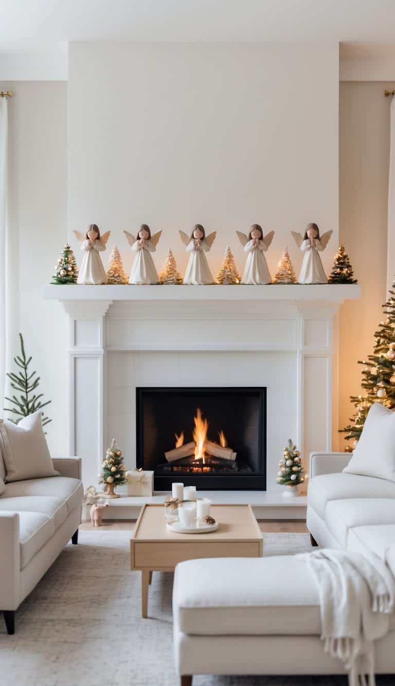 A cozy living room with a lit fireplace, decorated with angel figurines and mini Christmas trees on the mantel, surrounded by neutral-colored sofas and a wooden coffee table with candles.