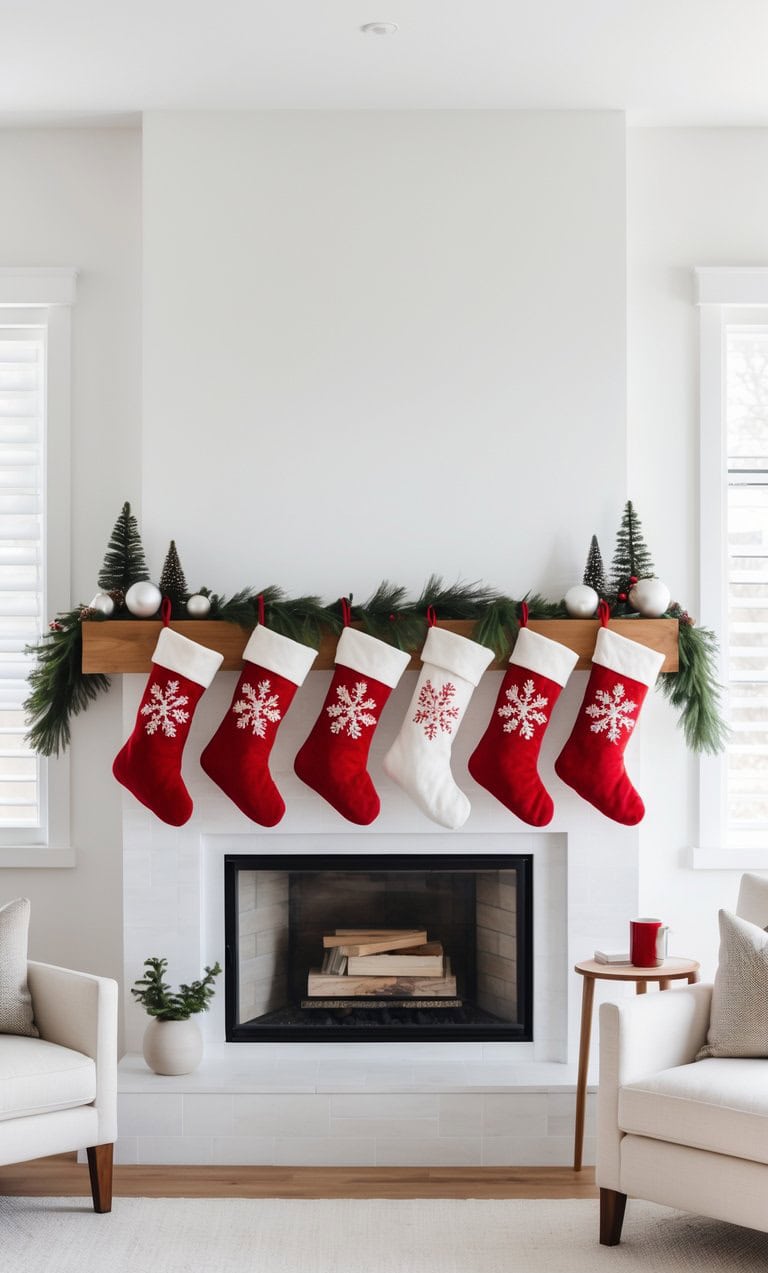 A fireplace mantel adorned with garland, small fir trees, and six Christmas stockings, five red and one white, each with white snowflake designs, in a cozy living room setting with neutral-colored furniture.