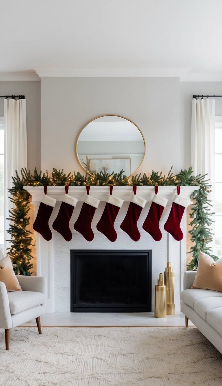 A living room with a white fireplace decorated for Christmas, featuring seven red and white stockings, garland with lights, and a round mirror above the mantel. Two sofas flank the fireplace, and gold decor pieces are on the right side.