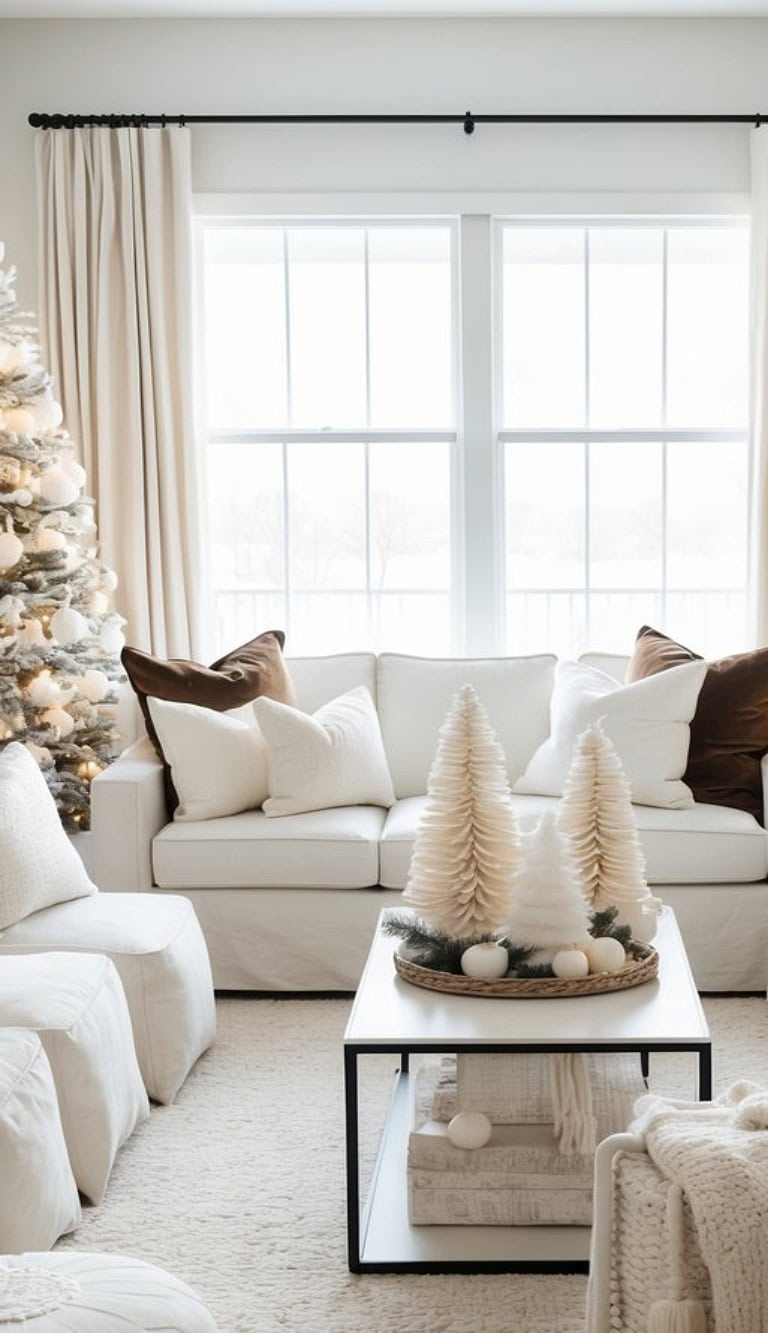 A cozy living room decorated for the holidays with a white sofa adorned with brown and white pillows, a flocked Christmas tree with white ornaments, and a coffee table featuring decorative white cone trees and ornaments. The room is brightened by natural light from a large window with white curtains.