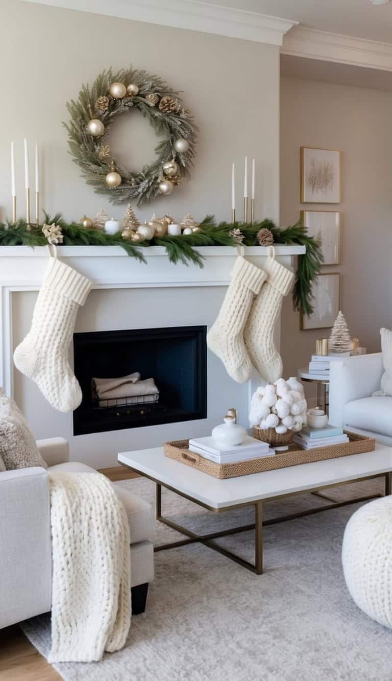 A cozy living room decorated for Christmas, featuring a fireplace with a garland and two white stockings. Above the mantel is a wreath adorned with pinecones and gold ornaments. The room includes white furniture, a woven tray on a coffee table, and soft textures creating a warm, festive atmosphere.
