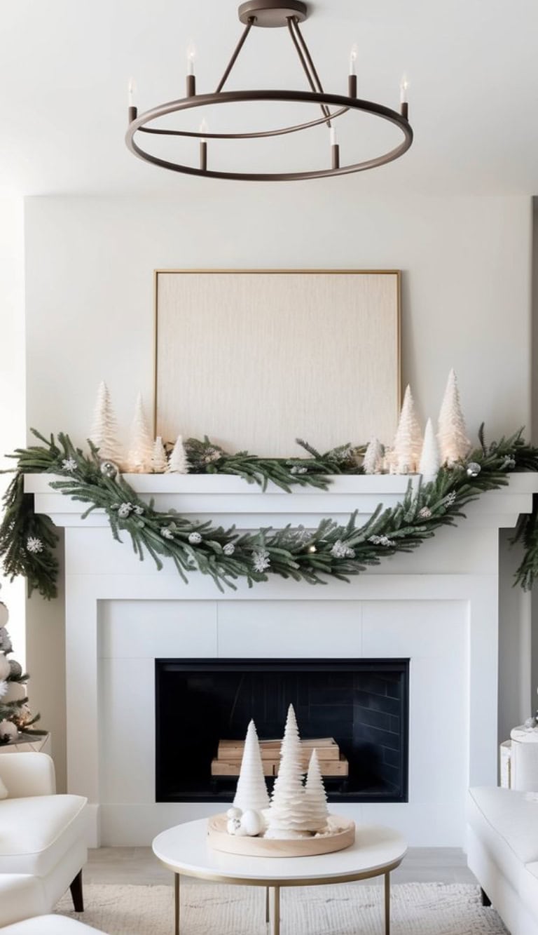 A modern living room features a white fireplace decorated with a garland of evergreen branches and small white trees. A circular chandelier hangs above, and a round coffee table in front of the fireplace displays more white cone-shaped trees and ornaments. The room is styled in a minimal, elegant holiday theme.