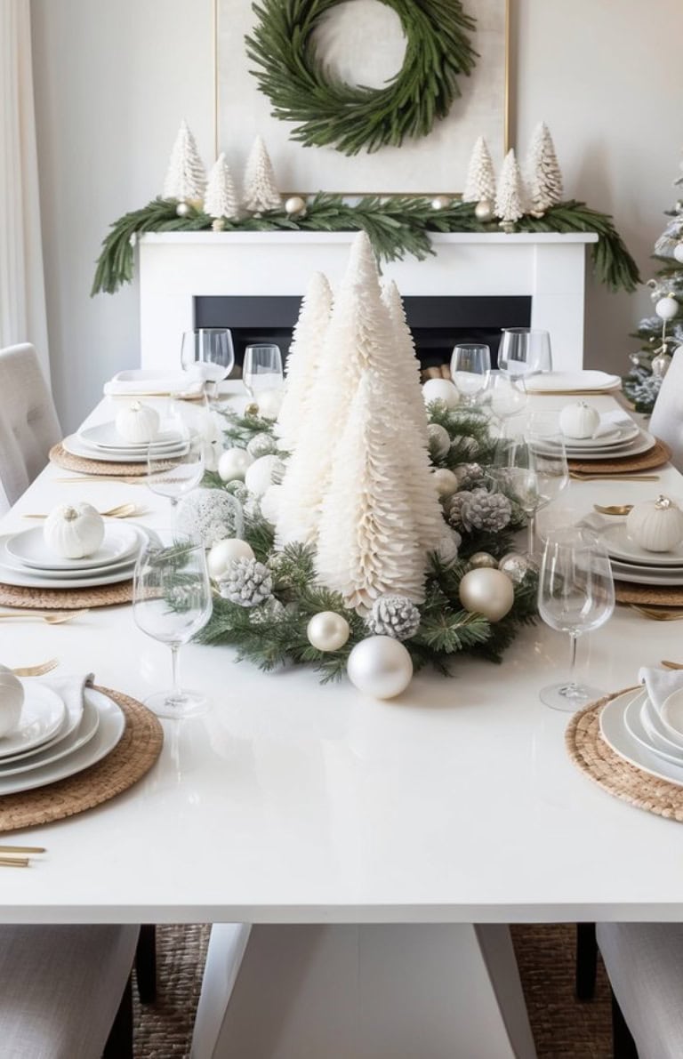 A festive dining table decorated with white and gold, featuring cone-shaped trees and ornaments, surrounded by greenery, set with white dishes and gold flatware on woven placemats. A wreath and small white trees adorn a mantel in the background.