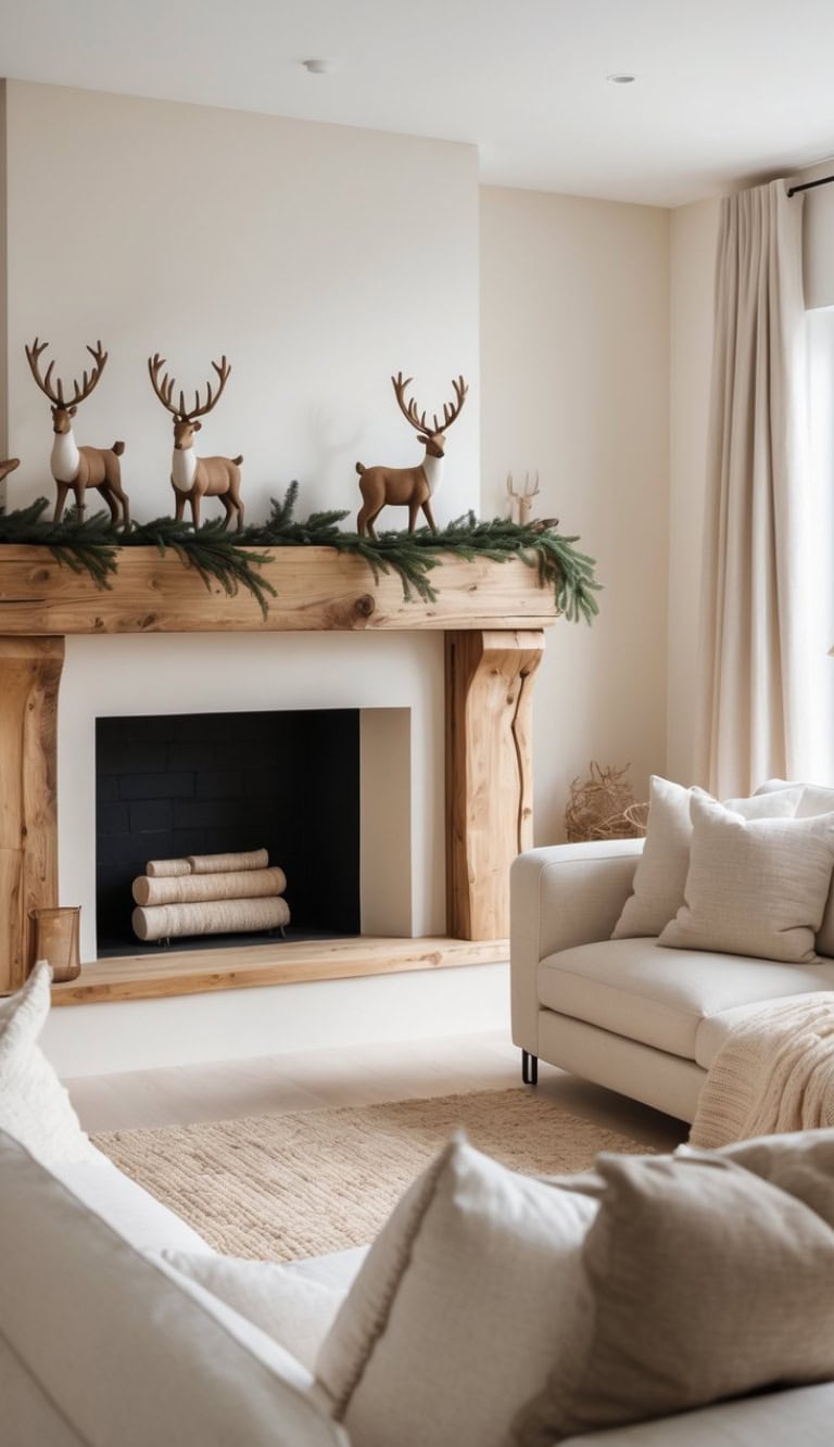 A cozy living room featuring a wooden fireplace mantel decorated with reindeer figurines and green garland. The room has neutral tones, with beige couches, pillows, and a textured area rug. A stack of logs is visible inside the fireplace.