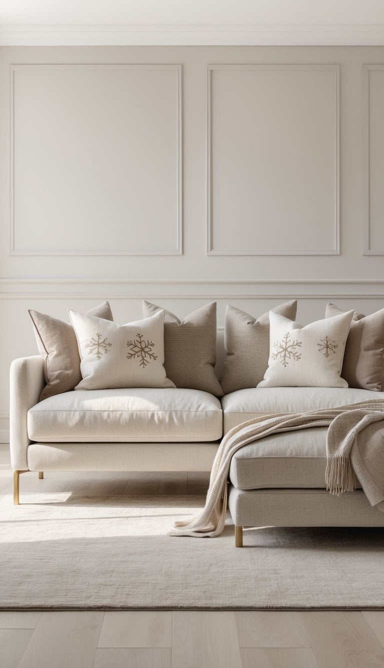 A beige sofa with gold legs is adorned with multiple throw pillows, including some with snowflake patterns, and a soft throw blanket, set against a light gray paneled wall.