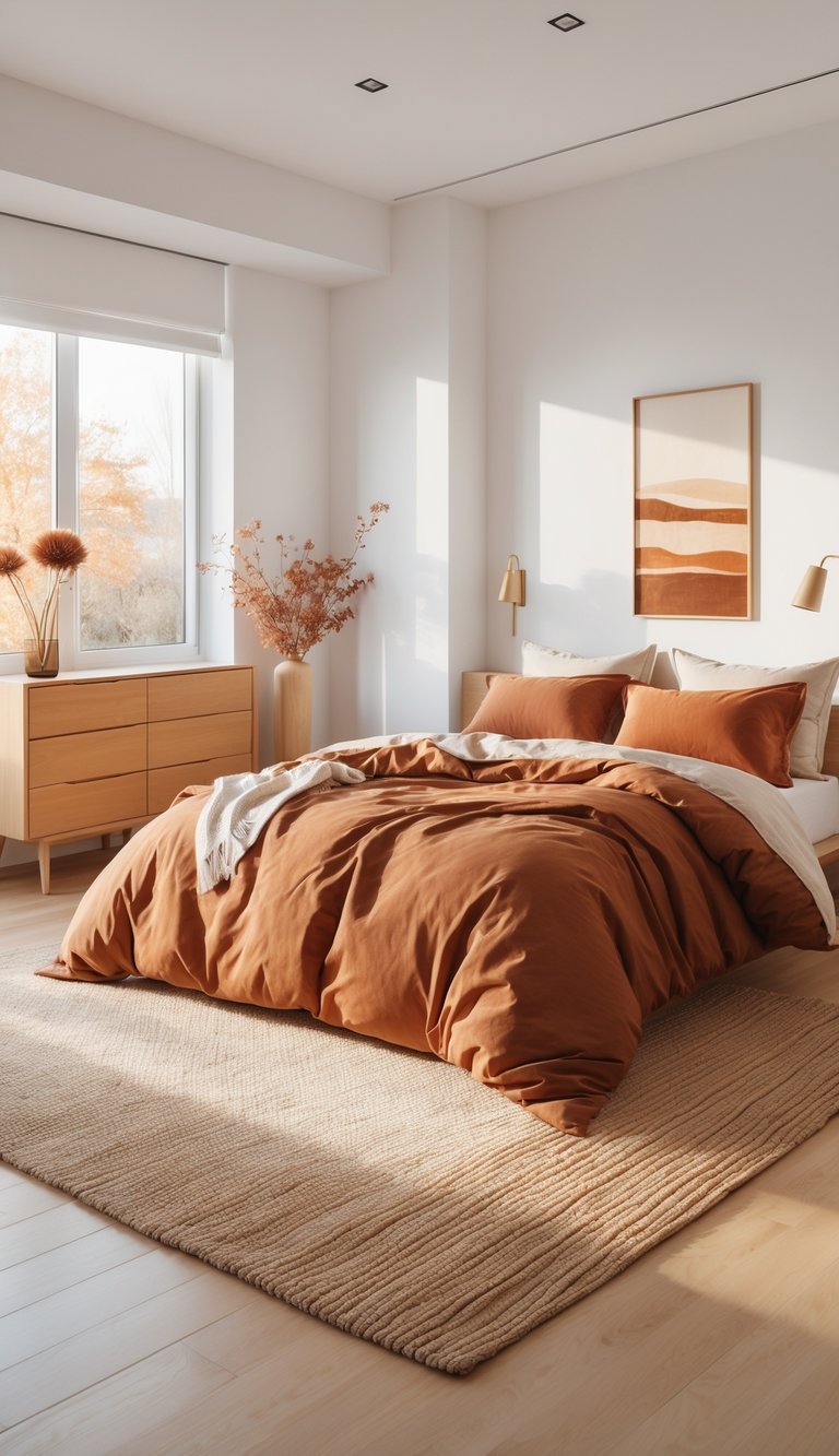 A modern bedroom with a large bed covered in rust-colored bedding, surrounded by minimalist wooden furniture and decor, including a dresser and abstract artwork on the wall. Soft natural light enters through a window with a view of autumn trees, adding warmth to the room's neutral palette.