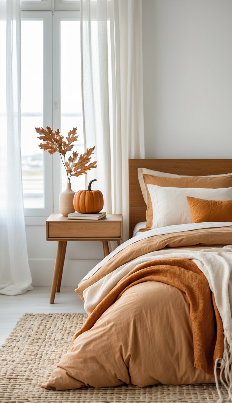 A cozy bedroom with a wooden bed featuring orange and white bedding, a nightstand with a pumpkin and decorative vase, and sheer curtains letting in natural light.
