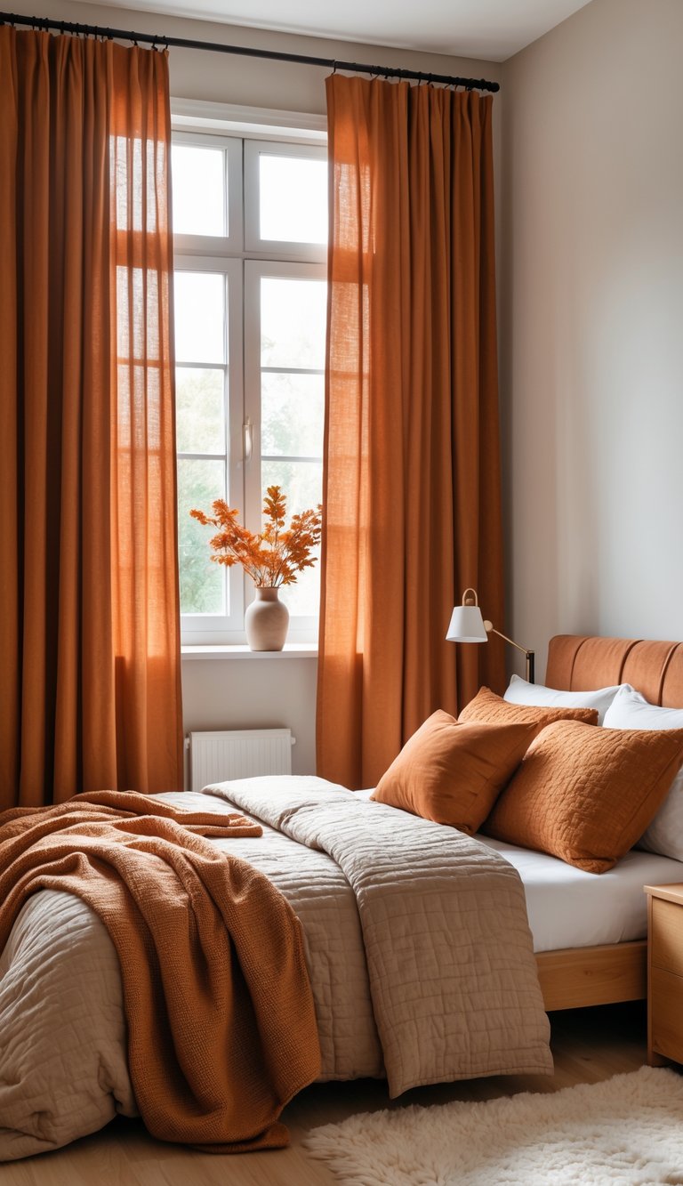 A cozy bedroom featuring a bed with orange pillows and a textured brown blanket. The walls are painted a soft neutral color, matching the beige bedspread. A window with orange curtains allows natural light to filter in, and a vase with orange foliage decorates the windowsill.
