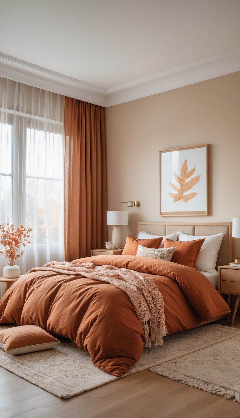 A cozy bedroom with earthy tones, featuring an orange duvet, matching curtains, a wooden bed frame, and a beige rug. A framed leaf print hangs above the headboard, and two bedside tables hold modern lamps.