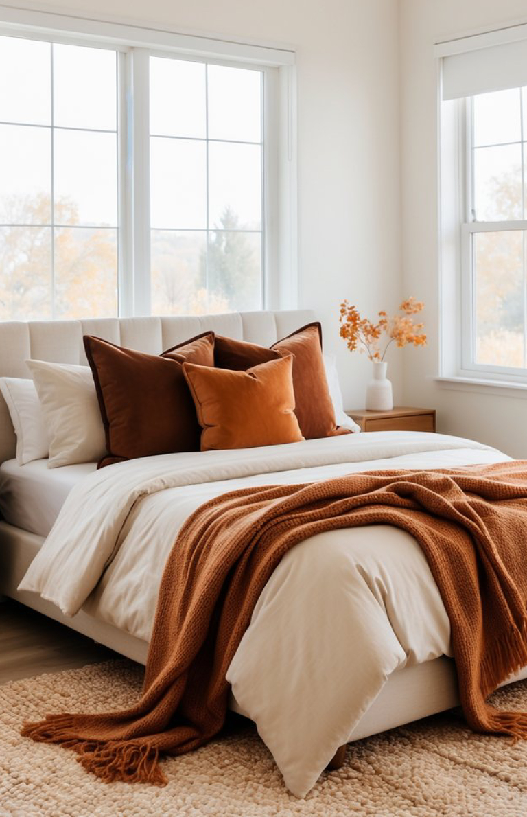 A cozy bedroom with a neatly made bed featuring white bedding and a rust-colored throw blanket. The bed is adorned with brown and rust-colored pillows. Natural light floods in through two large windows, and a small vase with autumn foliage decorates a bedside table.