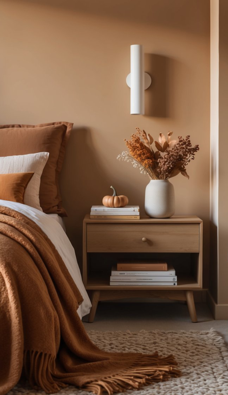 A cozy bedroom with warm earth-toned decor, featuring a neatly made bed with orange and white pillows and a matching blanket. Beside the bed, a wooden nightstand holds a lamp, a small pumpkin, several stacked books, and a vase with dried flowers. The walls are painted in a soft beige color, complementing the overall autumnal theme.