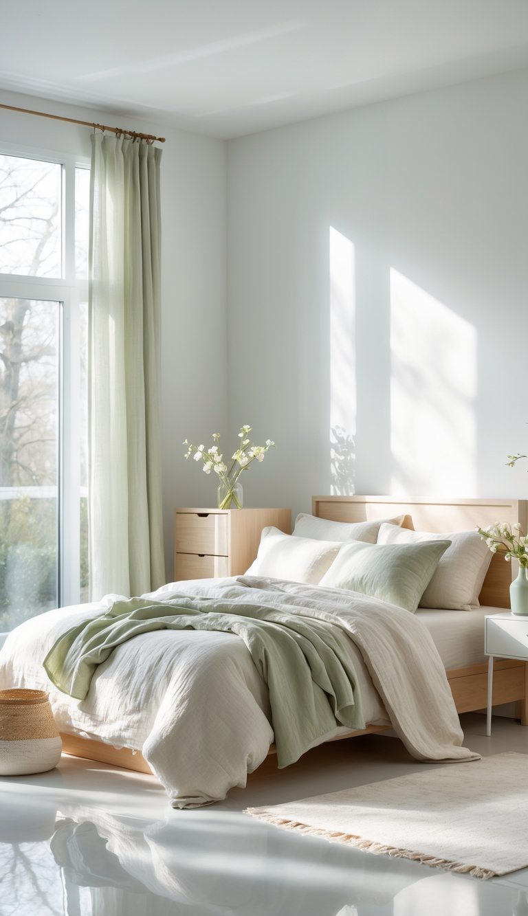 A serene bedroom with a large window, light wood furniture, and soft, neutral-toned bedding and curtains, featuring potted plants and gentle sunlight streaming in.