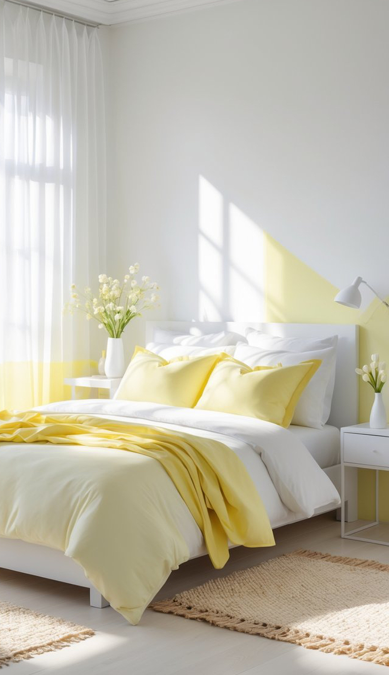 A bright and airy bedroom with a white bedframe featuring yellow bedding and pillows. The room is decorated with white curtains and a yellow accent wall, with natural light streaming in through a window. White nightstands with vases of white flowers are on each side of the bed, and a woven rug lies on the floor.