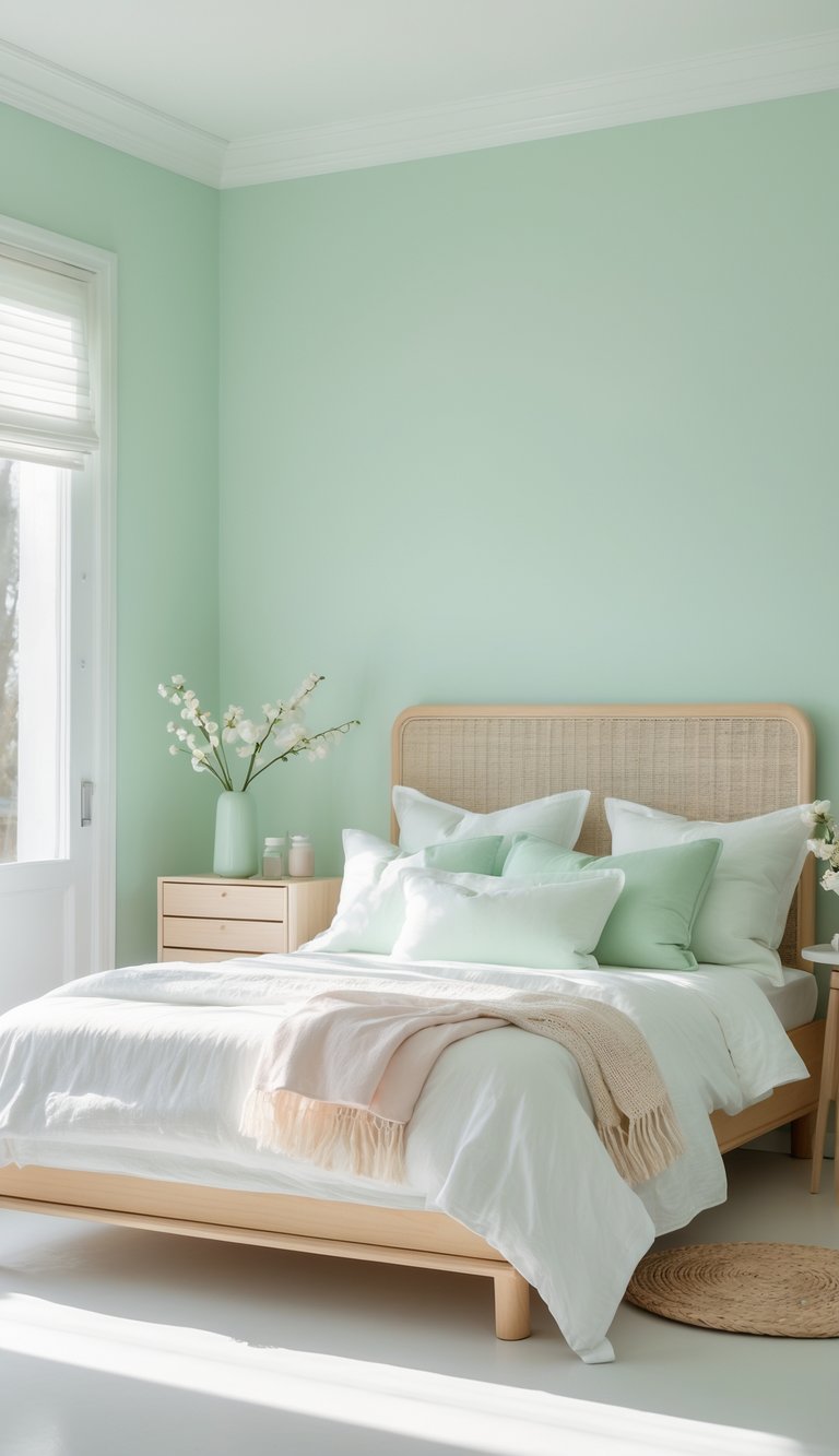 A serene bedroom with a mint green wall, featuring a wooden bed with a rattan headboard, adorned with white and mint green pillows, and a cozy blanket. A wooden nightstand with a vase of white flowers complements the bright, airy atmosphere.