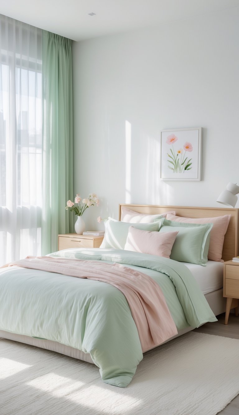 A stylish bedroom with a minimalist design featuring a bed with pastel green and pink bedding, flanked by wooden bedside tables. A vase with flowers sits on one table, and a framed floral artwork hangs on the light-colored wall above the bed. Soft natural light filters through sheer curtains, enhancing the serene atmosphere.